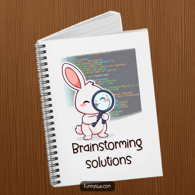Funny notebook cover featuring a cheerful rabbit character with a debugging magnifying glass over code, perfect for coder notes.