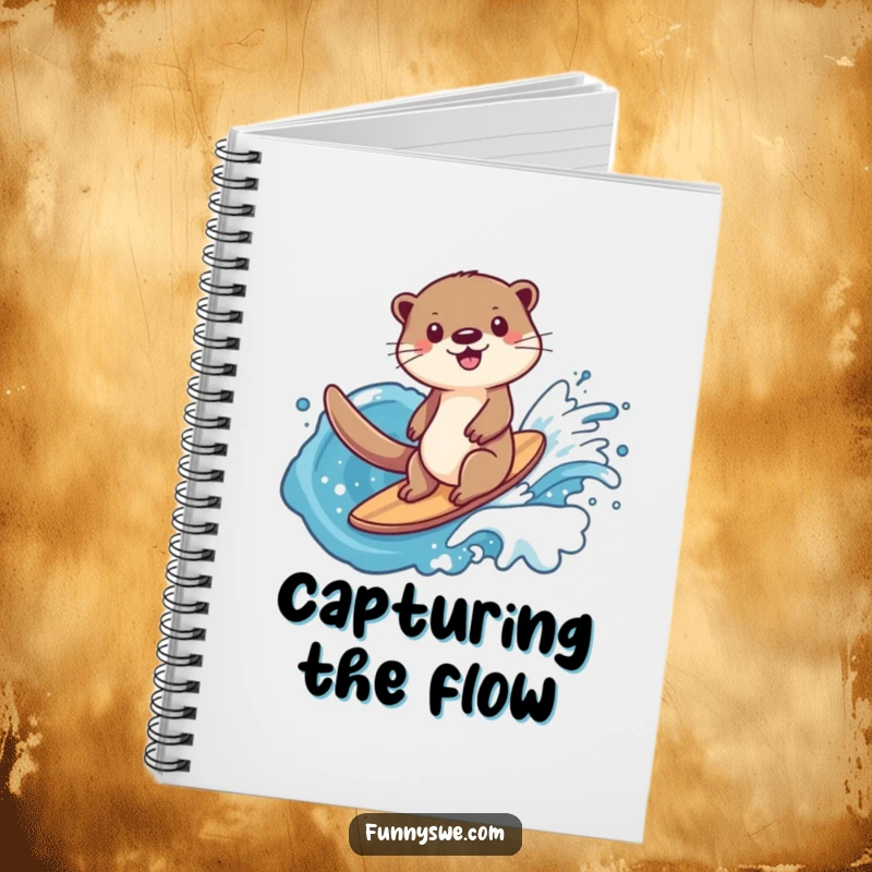 Funny happy otter data surfer notebook, depicting an otter riding a wave of data, ideal for capturing thoughts and plans.