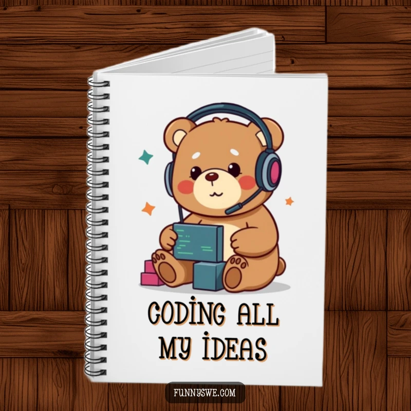 Funny Kawaii bear developer notebook, headphones on, dragging code blocks, perfect for notes and ideas.