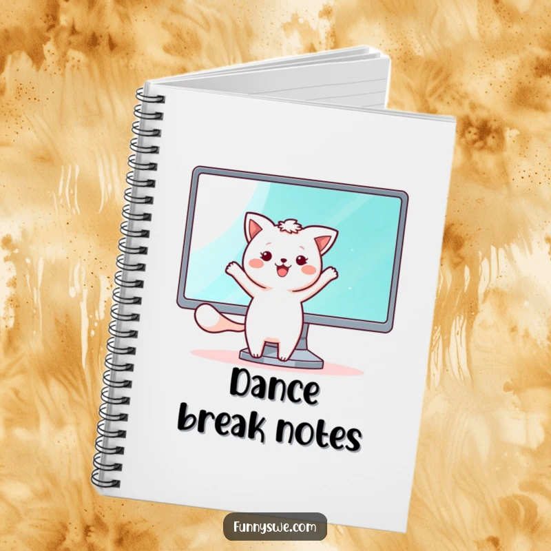 Funny notebook cover with a kawaii animal character happily dancing beside a shining monitor screen, ideal for digital notes and ideas.