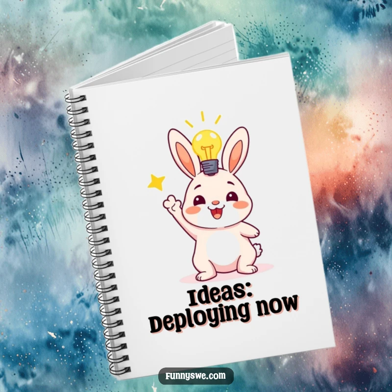 Funny notebook cover with a joyful bunny character and a bright lightbulb, celebrating a successful code deployment, ready for inspiration.