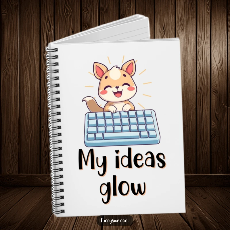 Funny notebook cover with a happy animal typing on a glowing keyboard, radiating light, a creative gift.