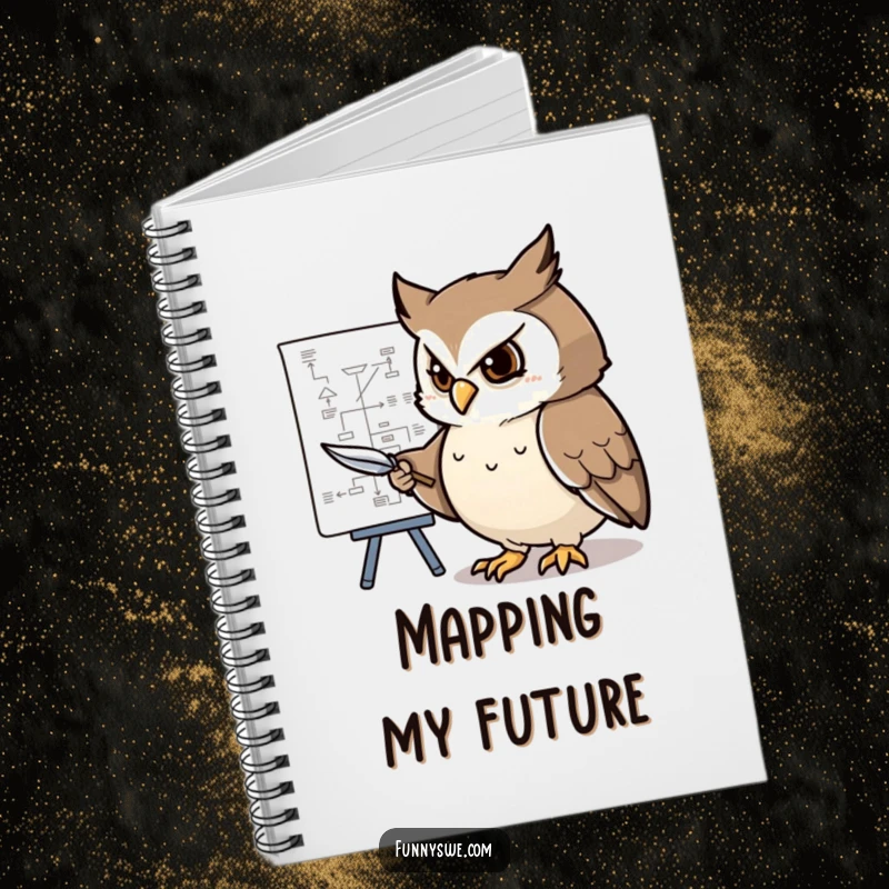 Funny notebook cover featuring a determined owl character pointing at a complex flowchart with a feather pen, perfect for planner notes.
