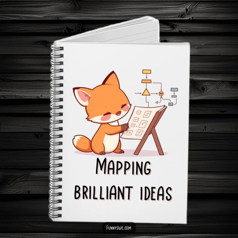 Funny fox notebook cover with a curious canine examining a complex flowchart, encouraging humorous note-taking.