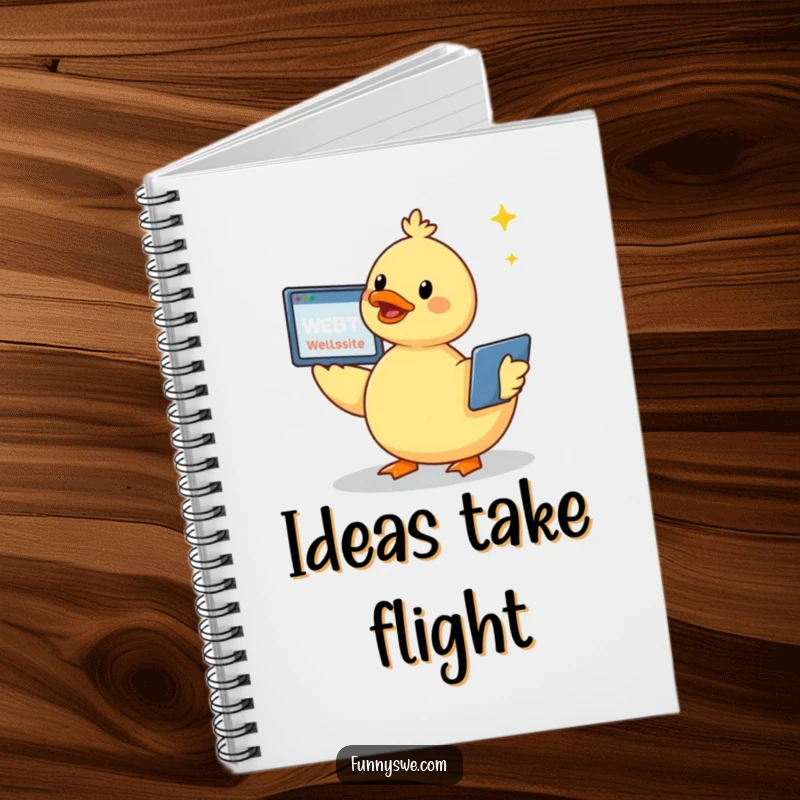Funny kawaii duck with a cheerful chirp, building a website with a screen flying, inside this cute notebook for writing.