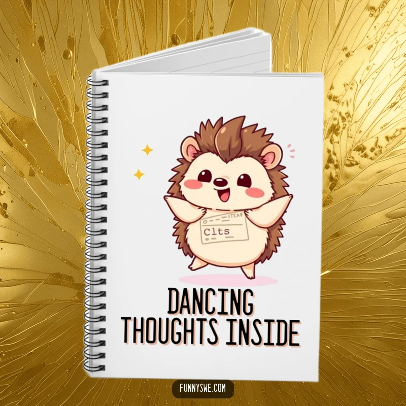 Funny kawaii hedgehog displaying website code with a flourish and dancing, inside this cute notebook for writing.