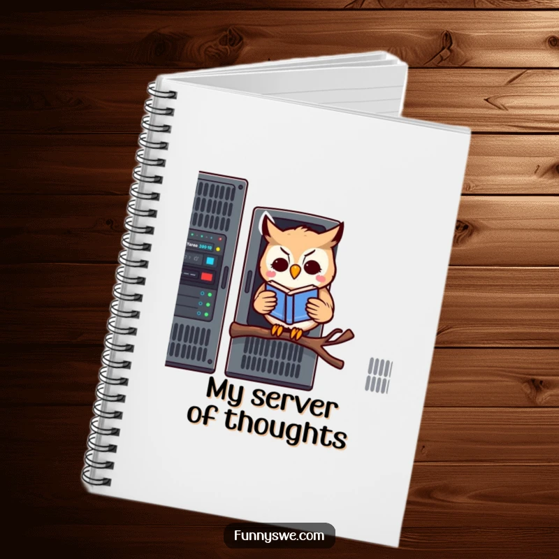 Funny notebook cover with a kawaii owl reading a book on a server rack, for jotting down wise and humorous notes.