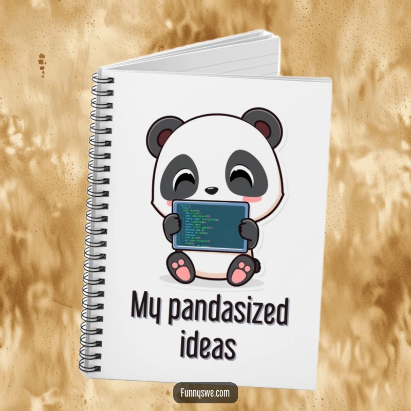 Funny Panda Coder Notebook: Playful panda character holding a tablet displaying code, perfect for coding notes.