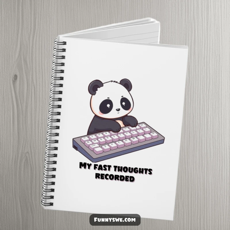 Funny notebook cover with a panda typing rapidly on a giant keyboard. Ideal for notes and project planning.