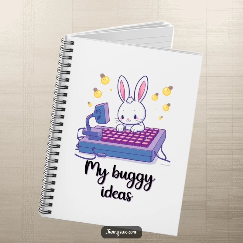 Funny notebook cover showcasing a Kawaii rabbit furiously coding on a giant keyboard, perfect for note-taking with humor.