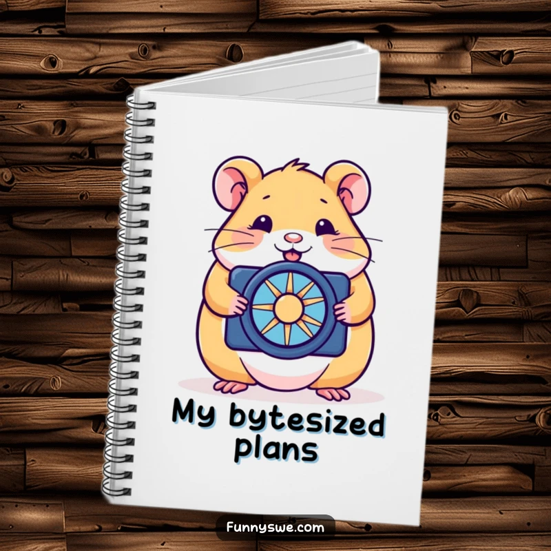 Funny hamster notebook cover with a happy rodent optimizing a website with a tiny spinner, encouraging humorous coding notes.