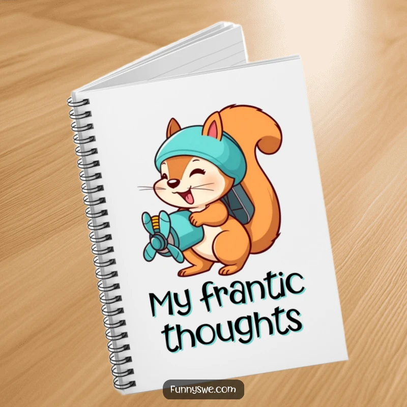 Funny squirrel file uploader notebook, a busy squirrel with a propeller pack, uploading files, ideal for notes and planning.