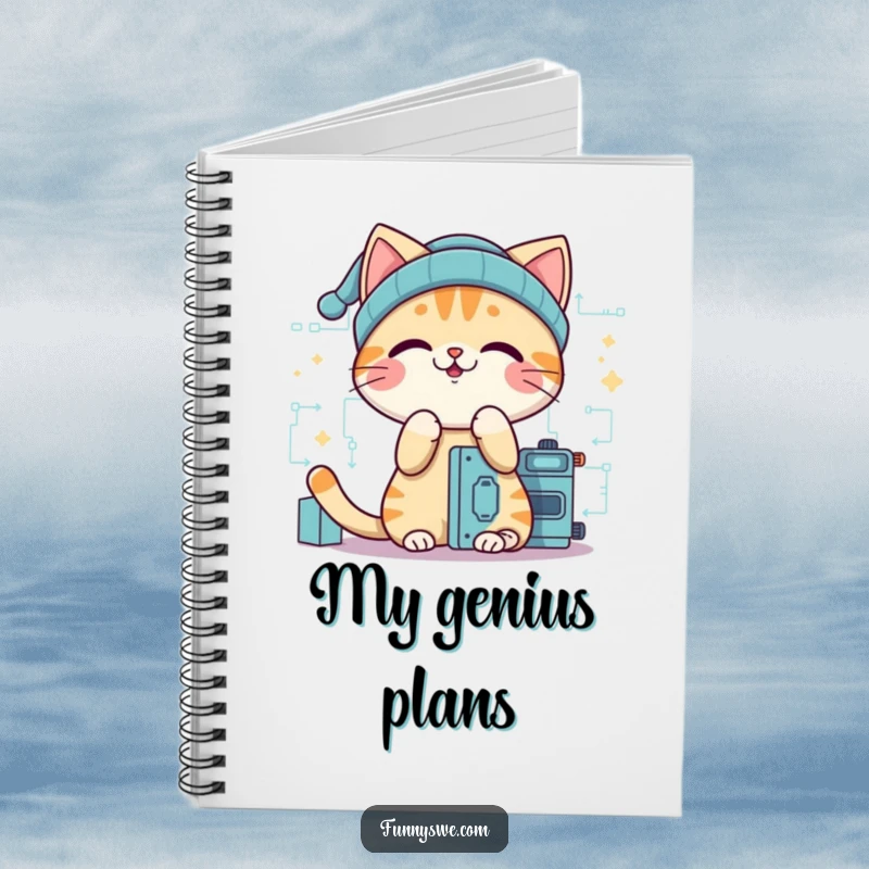 Funny cat programmer notebook, a giggling cat in a beanie, building digital code, ideal for note-taking and journaling.