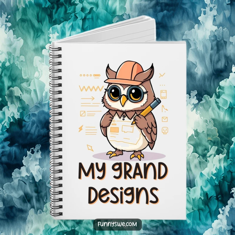 Funny notebook cover with a Kawaii owl architect drawing a website layout with a glowing stylus, perfect for creative planning.