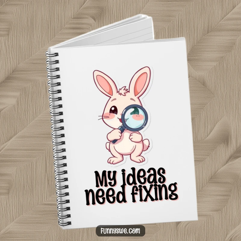 Funny Notebook featuring a bouncing bunny character holding a debugging magnifying glass, perfect for taking notes and ideas.