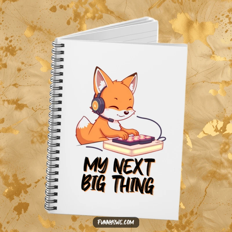 Funny notebook cover featuring a cute fox character with a headset, typing on a glowing keyboard, perfect for gamer notes.
