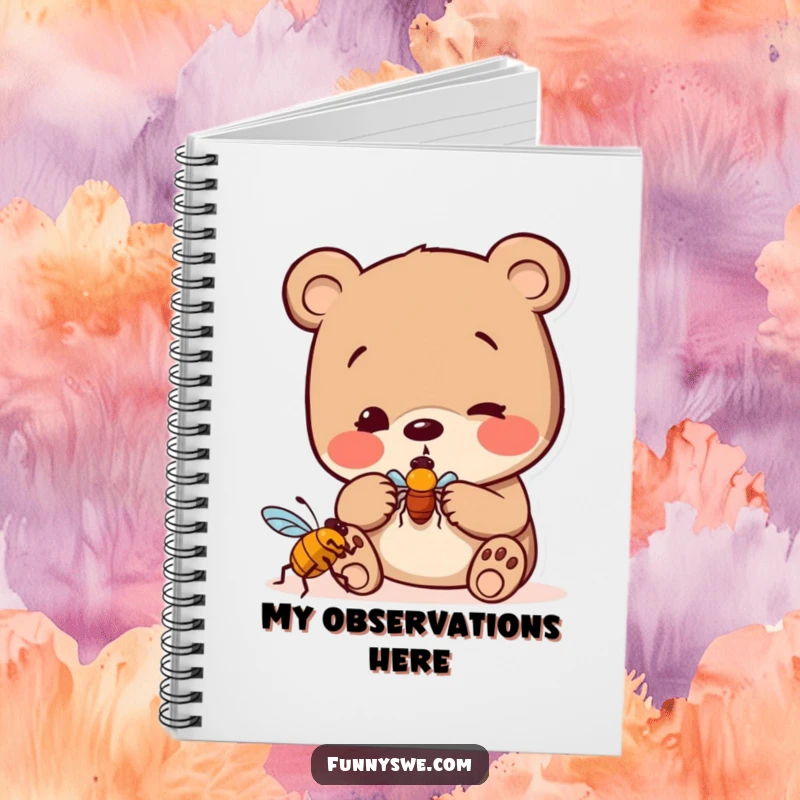 Funny bear bug hunter notebook, showing a curious bear playfully examining a digital bug icon, perfect for journaling discoveries.