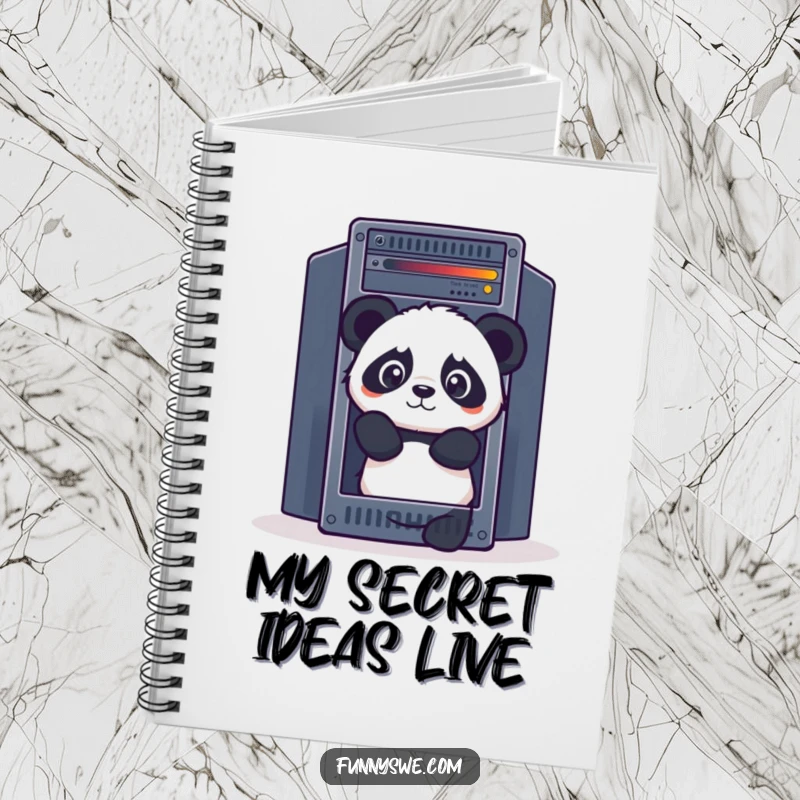 Funny Panda notebook, curiously peeking out from behind a giant server rack, ideal for taking notes.