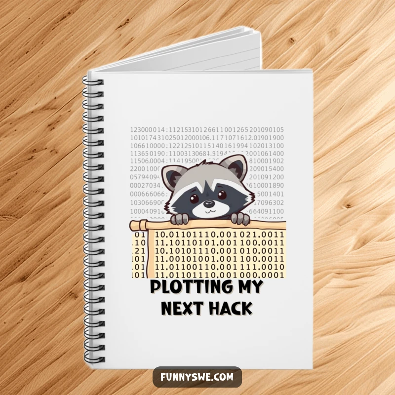 Funny raccoon coder notebook, a curious raccoon peeking over a wall of scrolling code, ideal for journaling and note-taking.