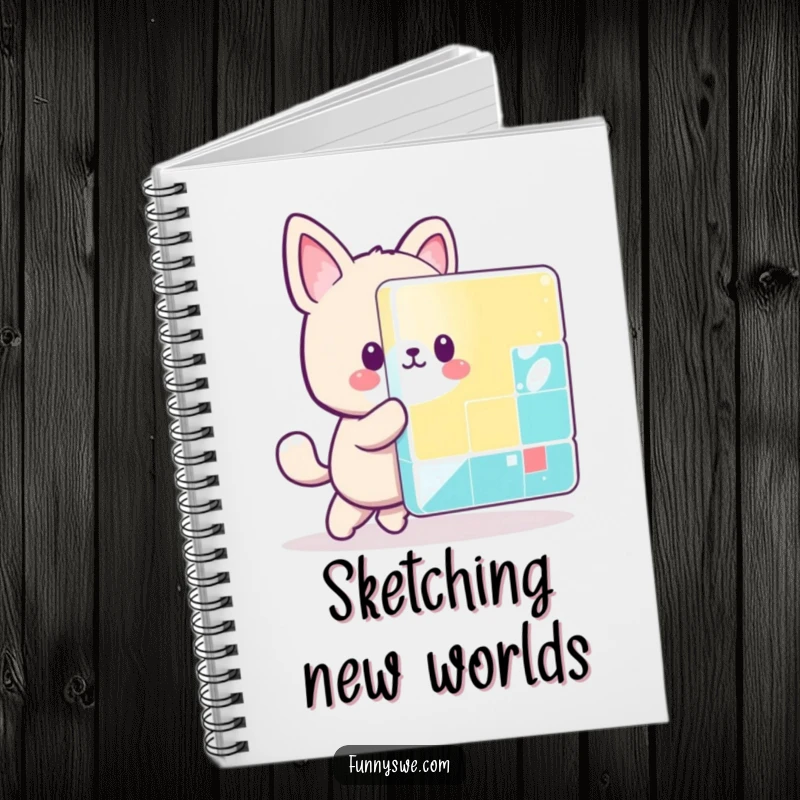 Funny kawaii animal character playing with a giant, colorful pixel block, perfect for a humorous notebook.
