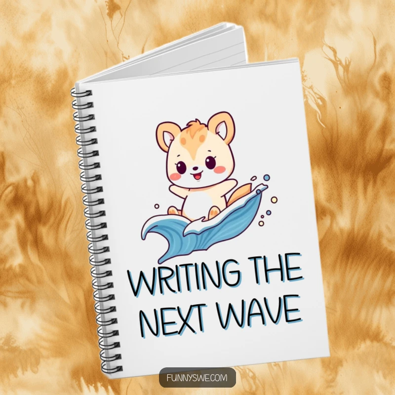 Funny notebook cover with a playful animal riding a swooshing wave of digital code, a creative tech gift.