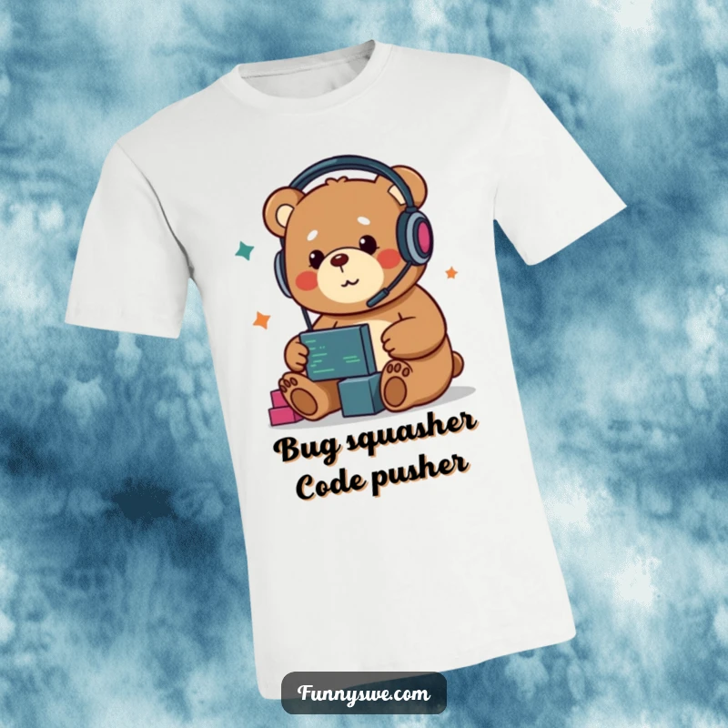Funny Kawaii bear character, a developer with headphones, enthusiastically dragging and dropping code blocks on a t-shirt.