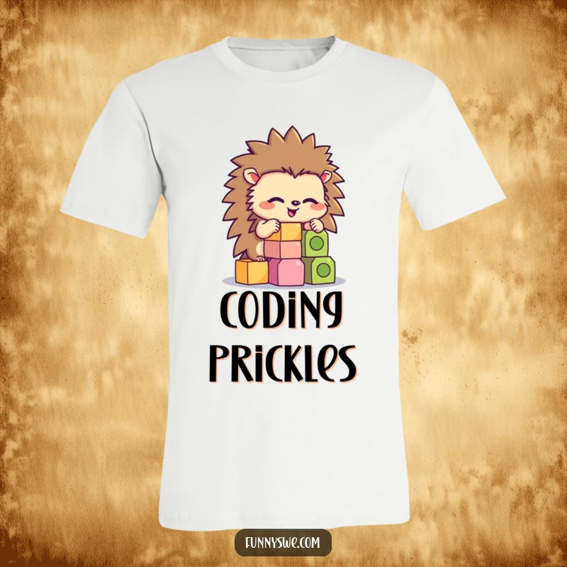 Funny anthropomorphic hedgehog concentrating on stacking hexagonal code blocks on a humorous t-shirt.
