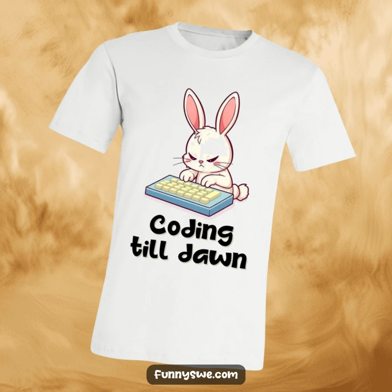 Funny bunny programmer intensely typing on a brightly glowing keyboard, representing deep focus and dedication, ideal programmer apparel.