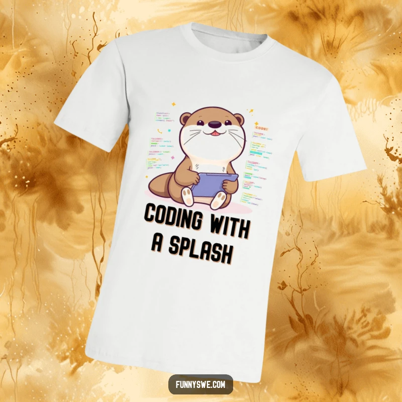 Funny t-shirt with a Kawaii otter excitedly coding on a tablet, surrounded by colorful code, energetic and playful design.