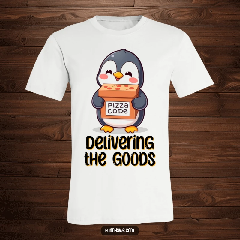 Funny t-shirt depicting a happy kawaii penguin delivering a pizza box labeled code delivery, celebrating tech and charm.