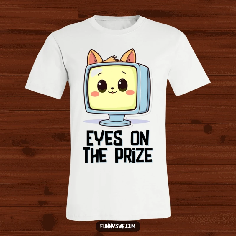 Funny animal with large curious eyes examining a luminous computer monitor on a t-shirt, a tech gift.