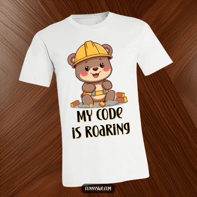 Funny bear character wearing a hard hat, actively building a virtual structure, vibrant colors, construction humor, great funny gift tee.