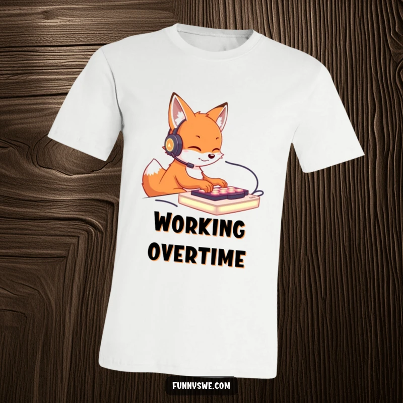 Funny t-shirt illustration of a cute fox with a headset, vigorously typing on a luminous keyboard, ideal for gamer apparel.