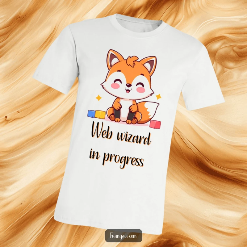 Funny Fox Web Dev T-Shirt: Cheerful fox character constructing a website using colorful blocks, a humorous design for builders.