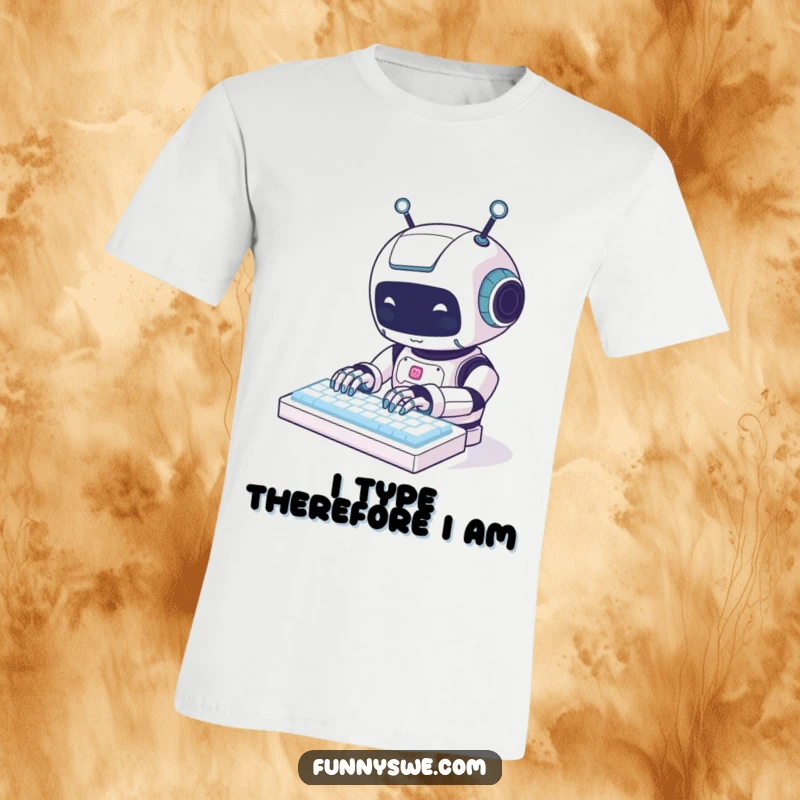 Funny kawaii robot animal character enthusiastically typing on a glowing keyboard, a delightful and humorous design for tech fans.