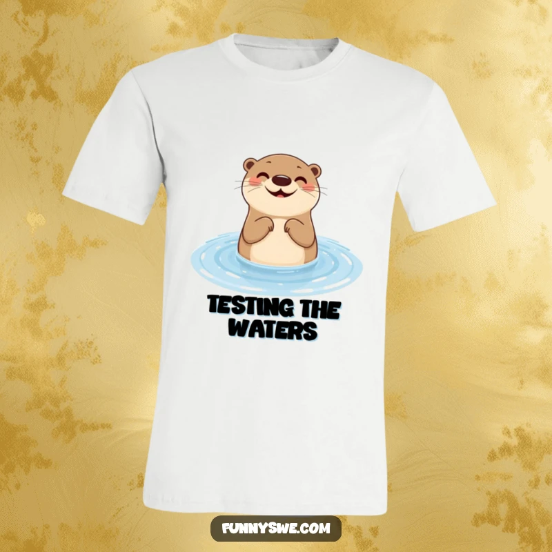 Funny otter t-shirt graphic of a smiling aquatic mammal testing website responsiveness with a water ripple, representing humorous UX testing.