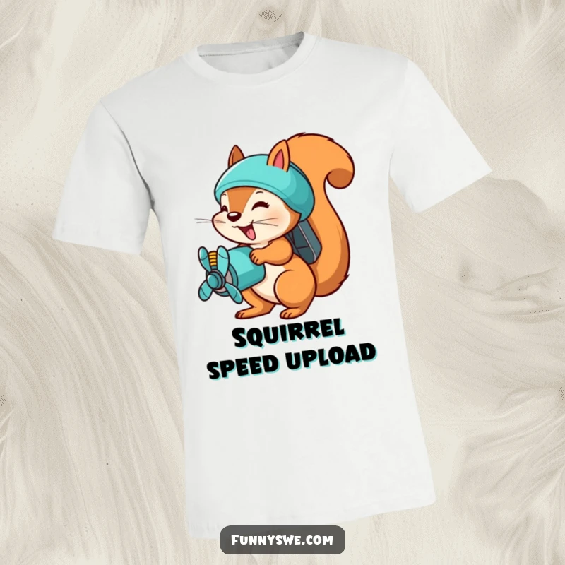 Funny squirrel file uploader t-shirt, a busy squirrel wearing a propeller pack, uploading files at high speed.