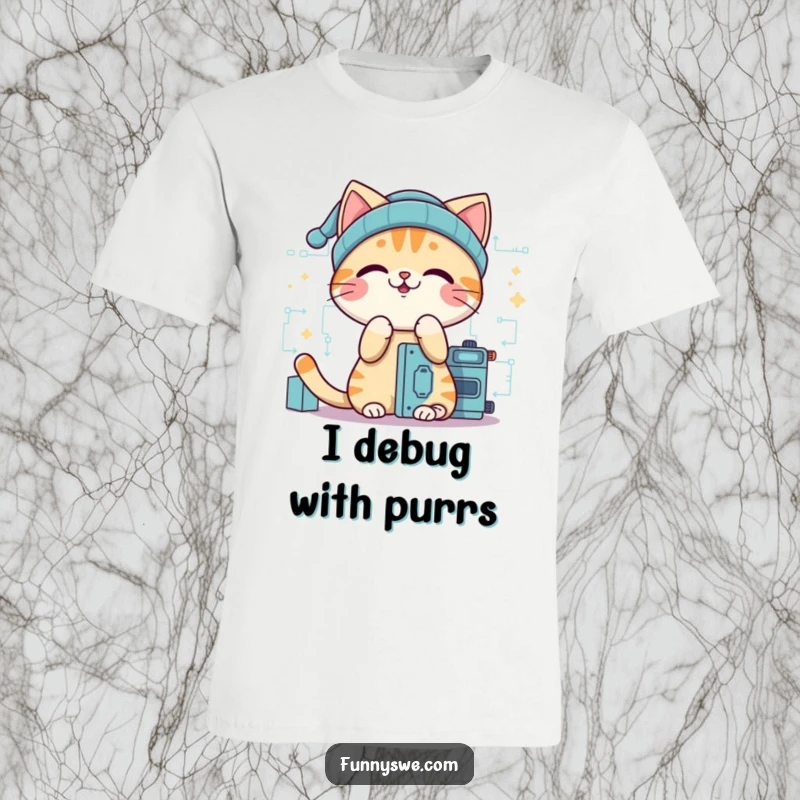 Funny cat coder t-shirt, a giggling cat in a beanie creating digital code with a playful expression.