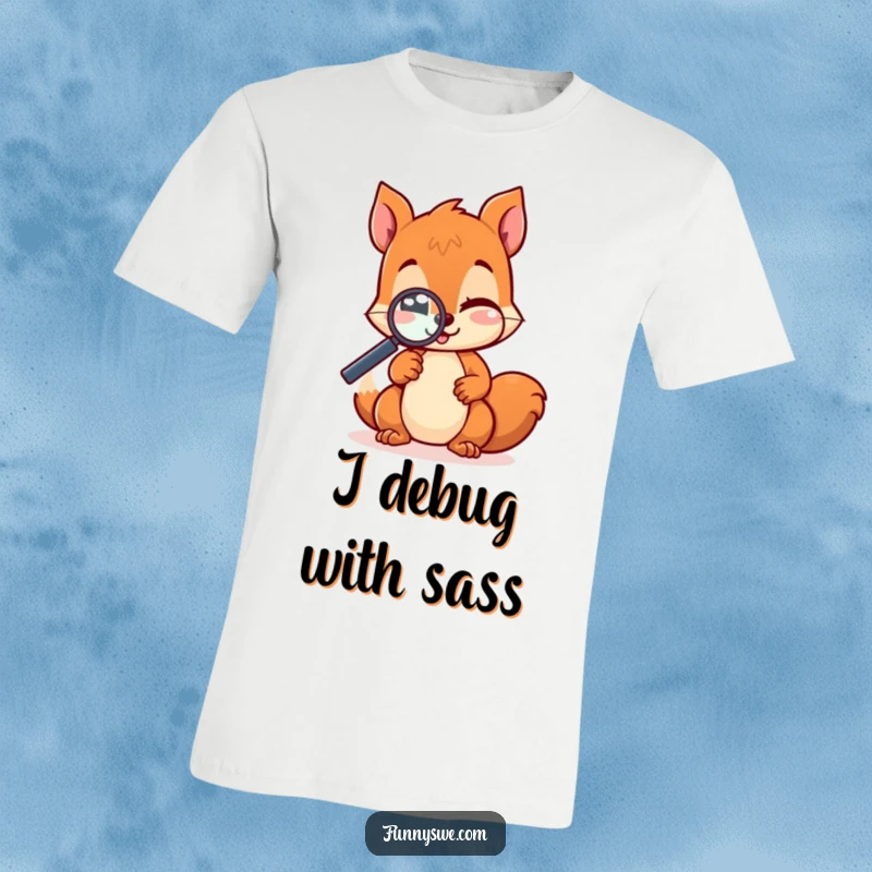 Funny kawaii squirrel with a magnifying glass, winking as it tests a website, printed on a comfortable and stylish t-shirt.