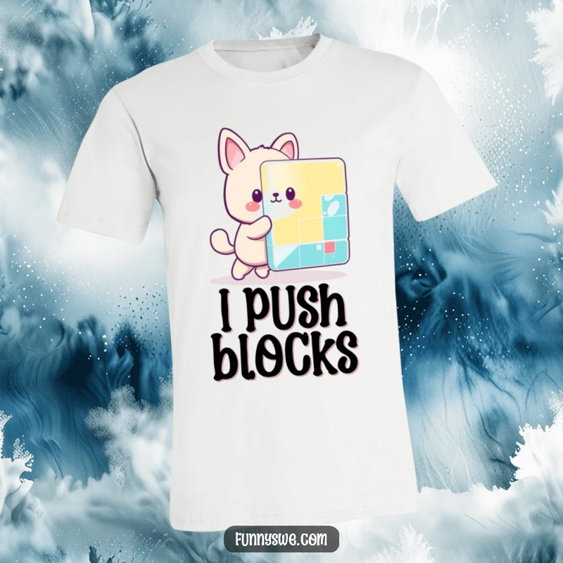 Funny kawaii animal character playfully pushing a large, colorful pixel block, embodying the spirit of video games.