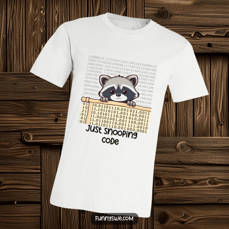 Funny raccoon programmer t-shirt, a curious raccoon peeking over a wall of scrolling code, showcasing intrigue and tech fascination.