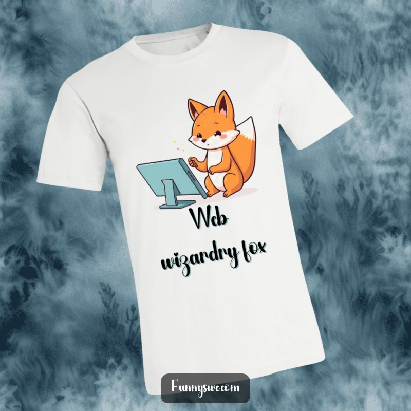 Funny t-shirt with a Kawaii fox using a magic wand on a tablet to design a website, magical and artistic.