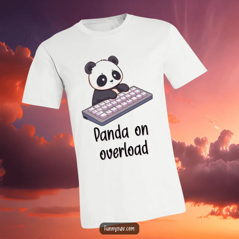 Funny t-shirt graphic of a cute panda rapidly typing on an oversized keyboard. Adorable and humorous tech apparel.
