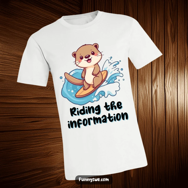 Funny happy otter surfing gleefully on a data wave, representing mastery and enjoyment of technology, great for techies.