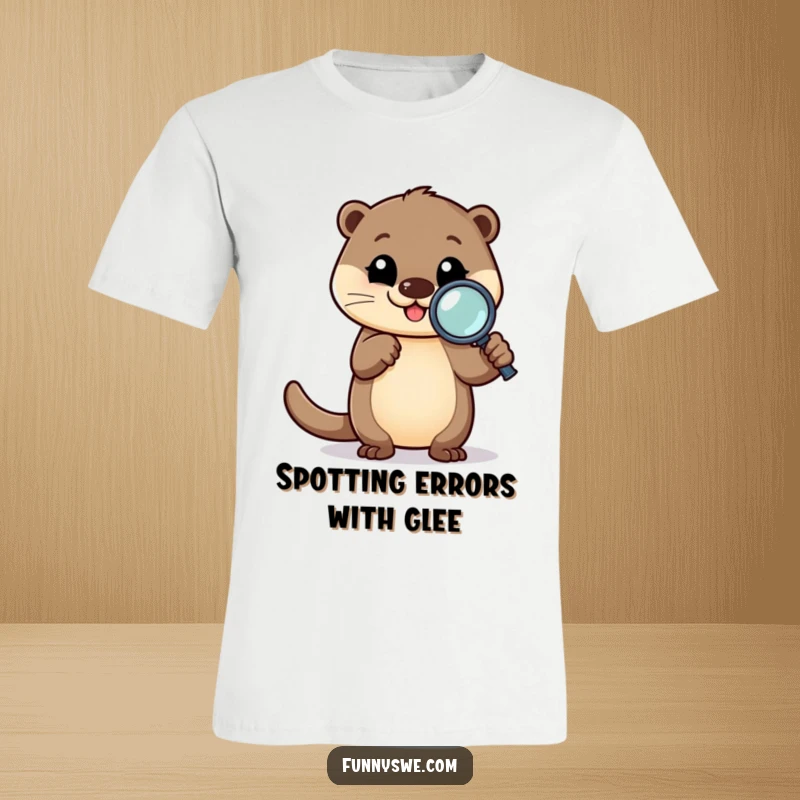 Funny Otter Debugging T-Shirt: Happy otter character examining code with a magnifying glass, a humorous design for coders.