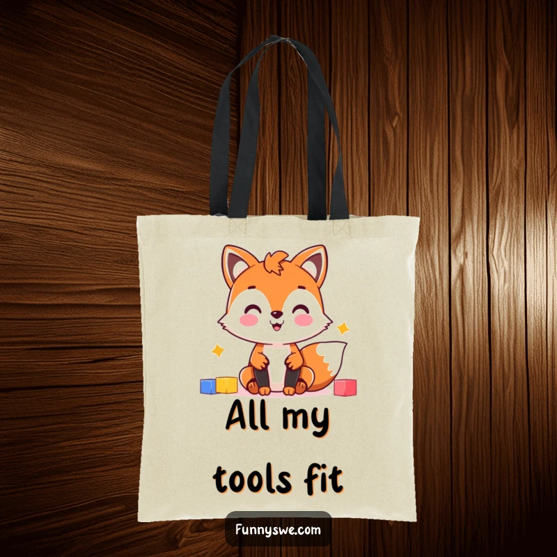Funny Fox Web Dev Tote Bag: Cheerful fox character assembling a website with colorful blocks, a humorous and functional tote.