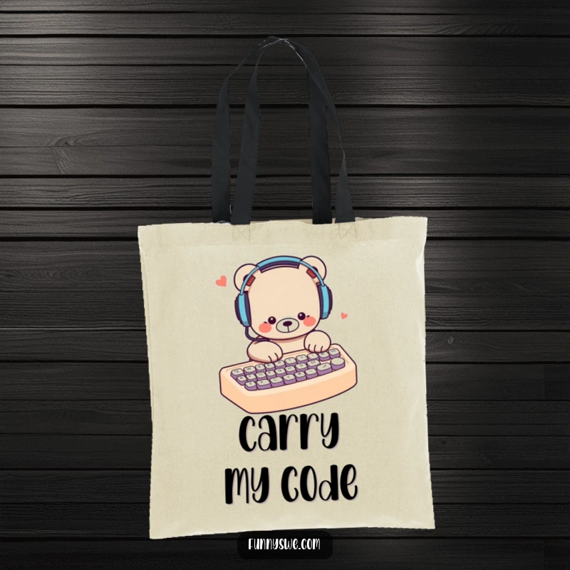 Funny bear with headphones, typing rapidly on an oversized keyboard, a humorous tote bag for carrying tech essentials.