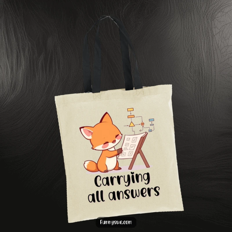 Funny fox tote bag showing a curious canine examining a complex flowchart, ideal for humorous planning sessions.