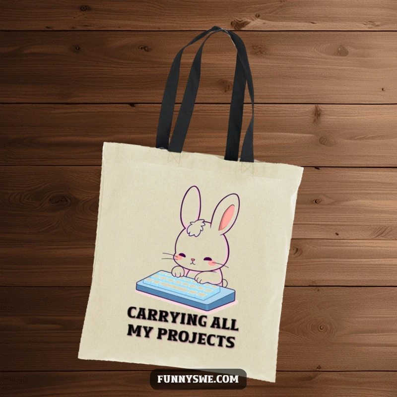 Funny Rabbit Coder Tote Bag: Cute rabbit character typing diligently on a glowing keyboard, perfect for carrying tech essentials humorously.