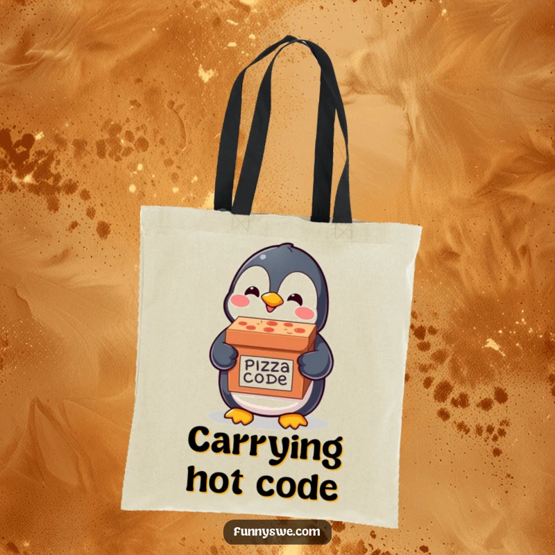 Funny tote bag with a happy kawaii penguin delivering a pizza box labeled code delivery, perfect for carrying tech essentials humorously.